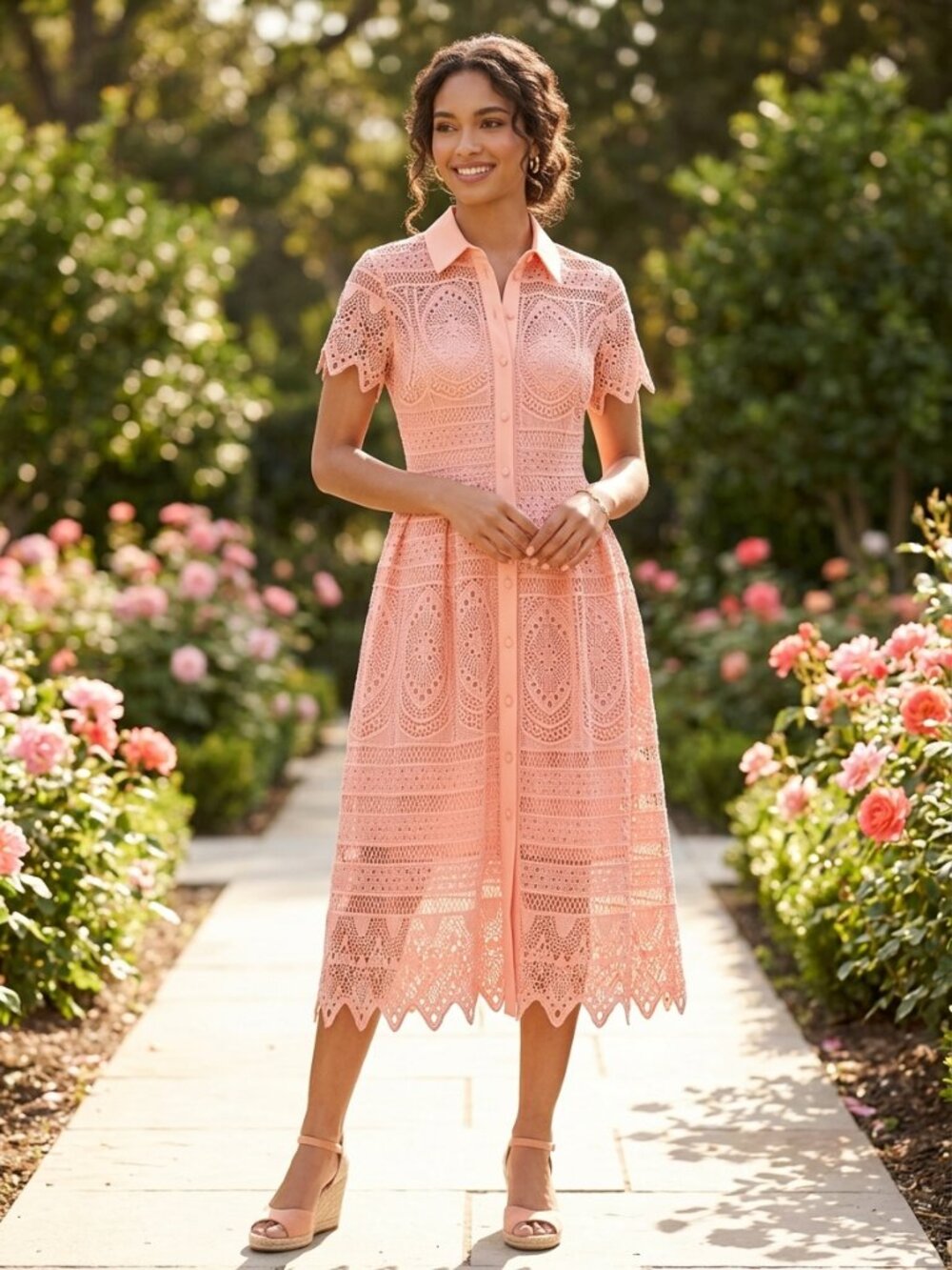 ANTONIO MELANI Peach Lace Button Down Short Sleeve Dress (Size 6)